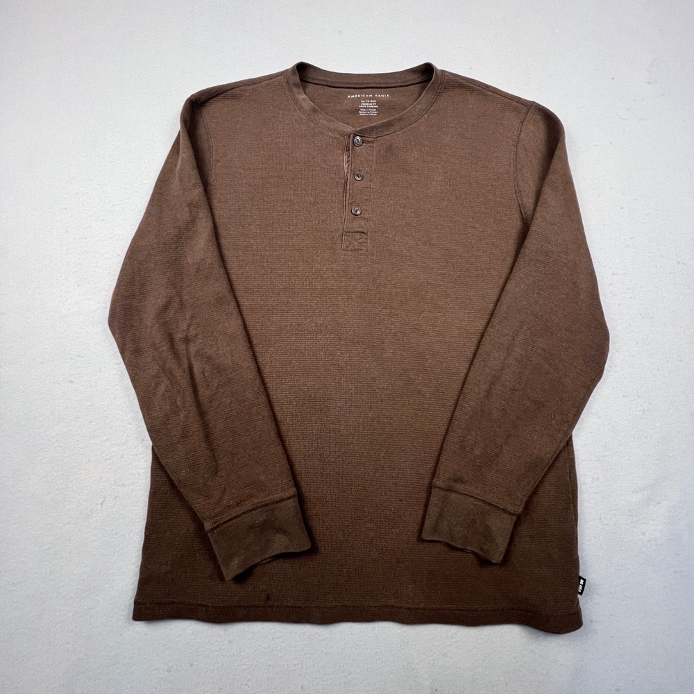 American Eagle Henley Shirt Mens XL Brown Waffle Knit Thermal Long Sleeve Casual
